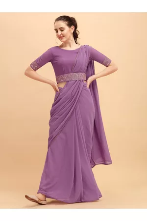 Sangria Women Purple Solid Georgette Saree with Embellished Belt