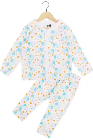 The Mom Store Infants White & Blue Printed Pure Cotton Jhabla with Trousers