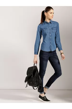 HARVARD Blue Solid Casual Denim Shirt