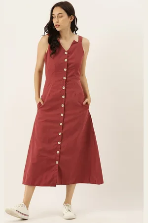 Campus Women Rust Red Solid Cotton A-Line Midi Dress