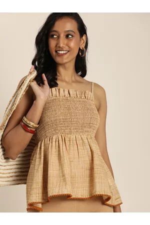 Taavi Women Beige & Brown Block Print Legacy Pure Cotton Smocked Peplum Top