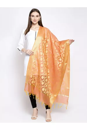 Aujjessa Peach-Coloured & Gold-Toned Ethnic Motifs Woven Design Dupatta