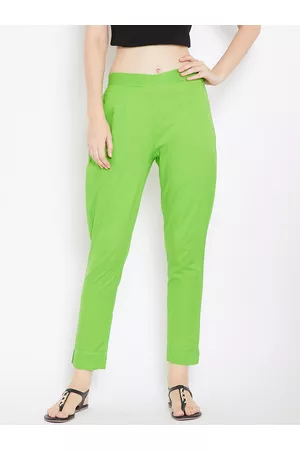 Aujjessa Women Lime Green Solid Smart Trousers