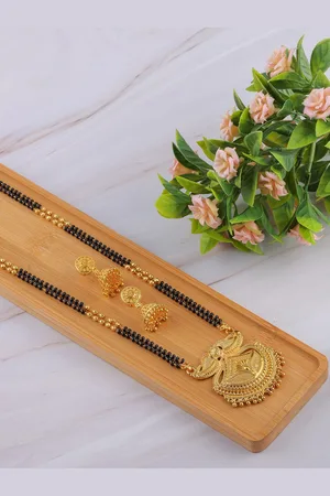 Brandsoon Gold-Plated Black Beaded Mangalsutra With Earrings