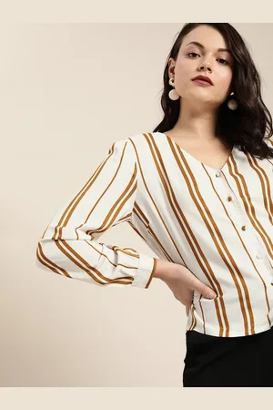 Invictus Women White & Mustard Yellow Regular Fit Striped Casual Shirt