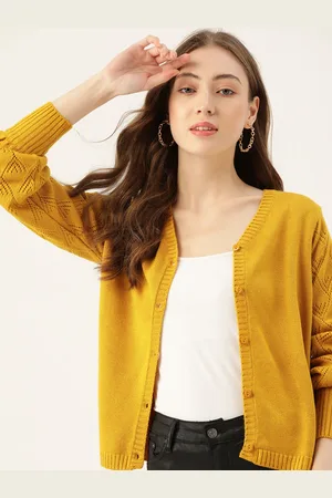 DressBerry Women Mustard Yellow Solid Cardigan