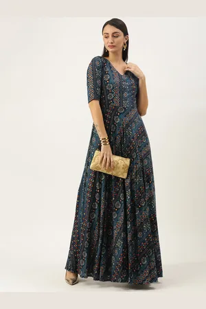 Ethnovog Blue Printed Made To Measure Maxi Dress
