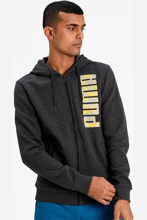 PUMA Men Grey Yellow Typography Hooded Sporty Jacket