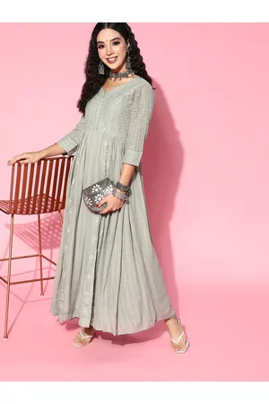 Kvsfab Women Beautiful Grey Ethnic Motifs Bling it On Dress