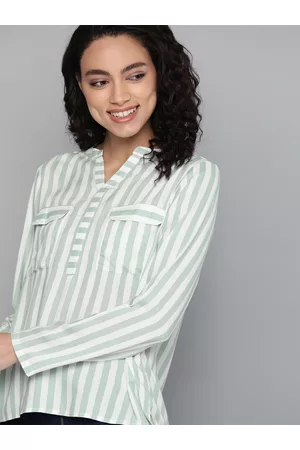 Mast & Harbour Women Green & White Striped Shirt Style Top