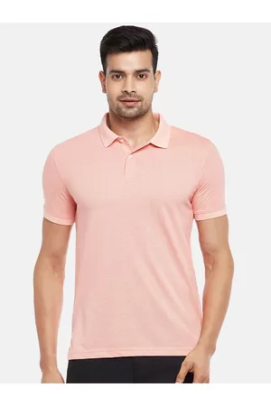 Pantaloons Men Polo Shirts - Men Coral Pink Geometric Printed Polo Collar Slim Fit Pure Cotton T-shirt