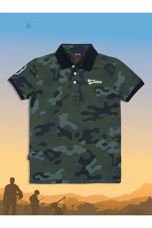 Gini and Jony Boys Olive Green Camouflage Printed Polo Collar T-shirt