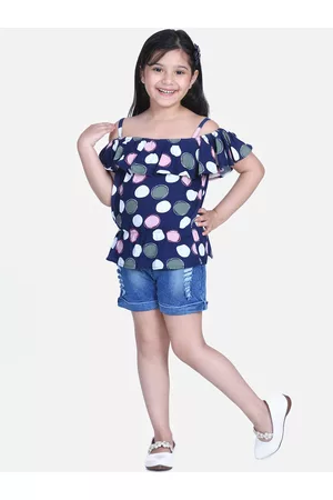 StyleStone Girls Navy Blue Printed Top with Shorts