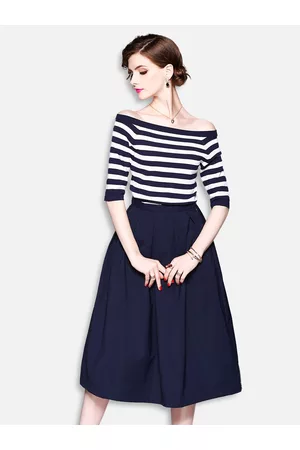 JC Collection Women Blue & White Striped Top with Skirt