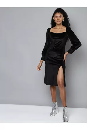 Sassafras Black Velvet Front Slit Bodycon Dress