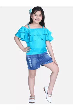 StyleStone Girls Blue Solid Cotton Top with Shorts