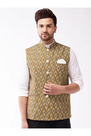 Vastramay Men Brown & White Printed Slim-Fit Cotton Woven Nehru Jacket