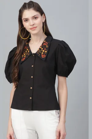 ATHENA Black Floral Puff Sleeves Shirt Style Top