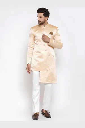 KLOTTHE Men Orange Woven Design Indo-Western Sherwani Set