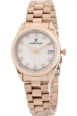 Daniel Klein Women White Embellished Dial & Rose Gold Toned Stainless Steel Bracelet Style Straps Analogue Watch