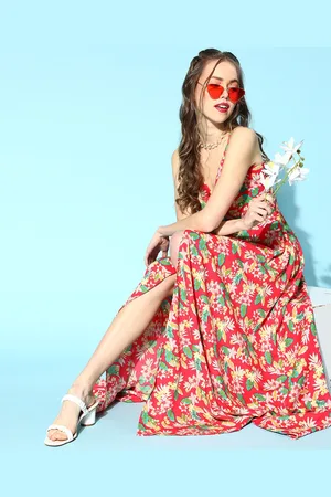 Berrylush Coral & Green Floral Print Crepe Maxi Dress