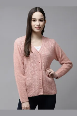 Cayman Women Pink & White Fuzzy Self Design Woollen Cardigan
