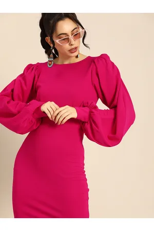 ATHENA Elegant Fuchsia Pink Balloon Puff Sleeves Bodycon Dress