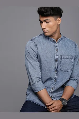 WROGN Men Denim Faded Mandarin Collar Slim Fit Casual Shirt
