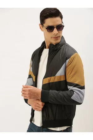 Flying Machine Men Black & Mustard Yellow Colourblocked Bomber Jacket