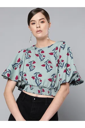 STREET 9 Women Green & Red Floral Print Cinched Waist Crop Top