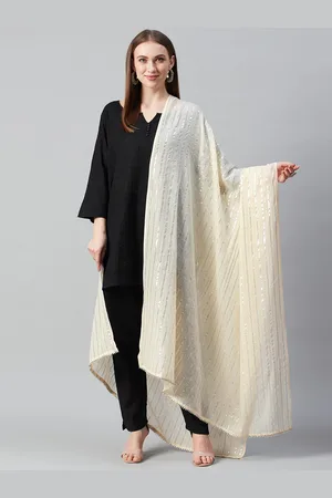anayna Off-White & Silver Self-Striped Cotton Dupatta
