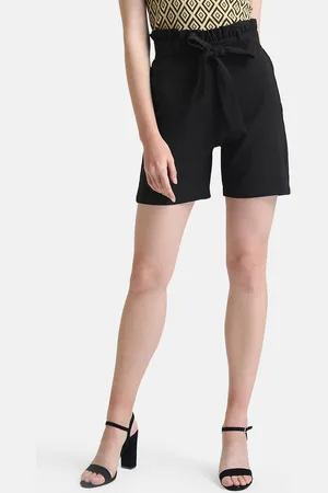 Kazo Women Black Solid High-Rise Paper Bag Shorts