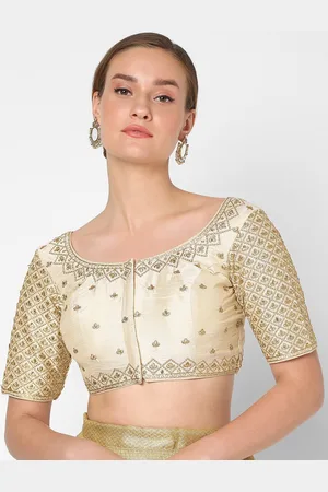 SALWAR STUDIO Women Beige & Gold-Coloured Embroidered Readymade Saree Blouse