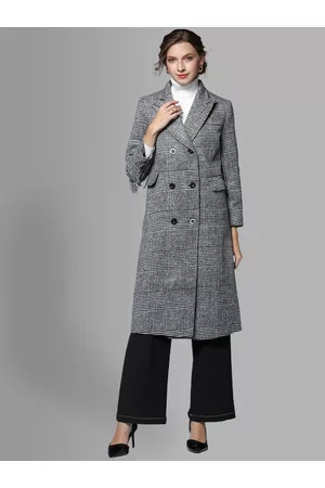 JC Collection Women Grey & White Striped Double-Breasted Trench Coat