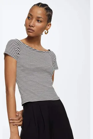MANGO Women White & Black Striped T-shirt