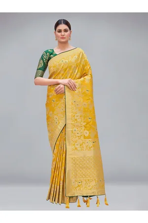MONJOLIKA FASHION Yellow & Gold-Toned Floral Pure Silk Banarasi Saree