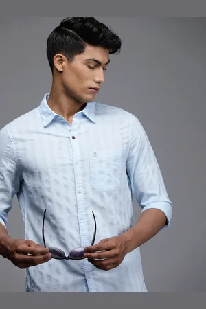 WROGN Men Blue Striped Textured Slim Fit Casual Shirt