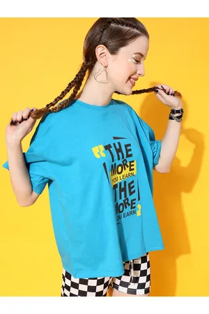 STREET 9 Women Turquoise Blue Typography Printed Bio Finish Oversized T-shirt