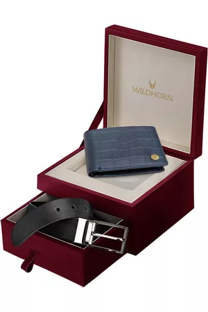 WildHorn Men Blue & Black RFID Protected Genuine Leather Wallet & Belt Accessory Gift Set