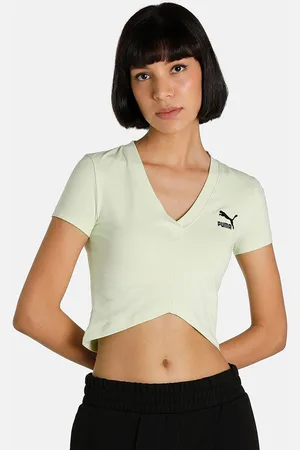 PUMA Women Green Classics Cropped V-Neck Slim Fit T-shirt