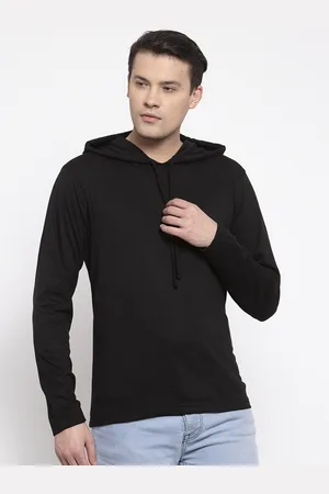 Friskers Men Black Solid Cotton Long Sleeves Hooded T-shirt