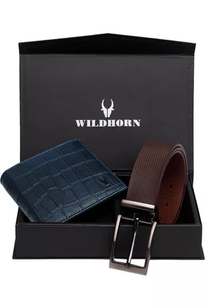 WildHorn Men Blue & Brown RFID Protected Genuine Leather Accessory Gift Set