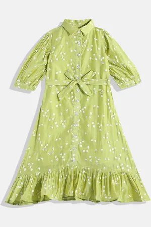 Ethnovog Girls Green Floral Shirt Midi Dress