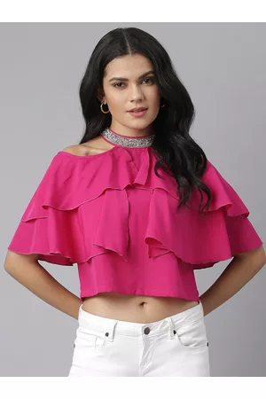 KASSUALLY Women Magenta & Silver Embellished Choker Neck Ruffled Crepe A-Line Crop Top