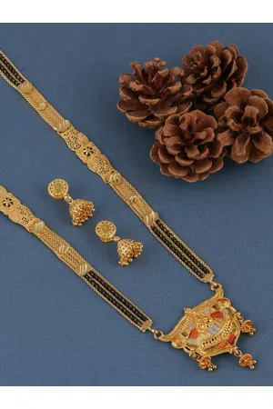 Brandsoon Gold-Plated & Black Beaded Mangalsutra With Earrings