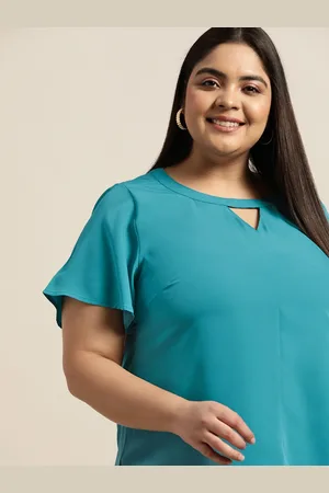 Sztori Women Plus Size Teal Blue Keyhole Neck Top