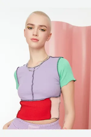 Trendyol Women Lavender & Green Colourblocked Crop Top