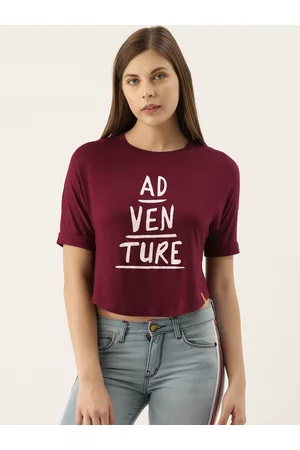 Campus Women Burgundy & White Typography Printed Round Neck Crop Cotton T-shirt