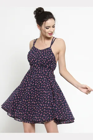 Sera Women Navy Blue Printed Fit and Flare Dress