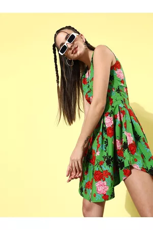 KASSUALLY Women Gorgeous Green Floral Volume Play Dress